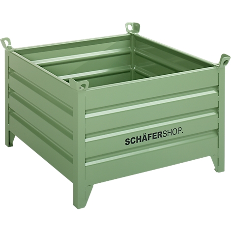 Hellgrüner, rechteckiger Metallbehälter mit geriffelten Seiten. 'SCHÄFERSHOP' ist auf der Seite geschrieben.