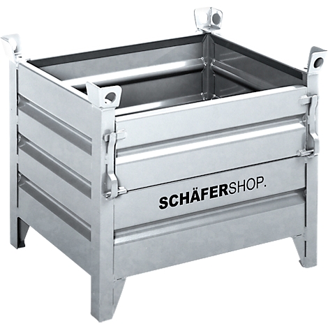 Ein quadratischer Metallbehälter mit verstärkten Seiten und dem Schriftzug SCHÄFERSHOP.