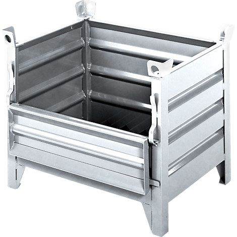 Offene, metallische Box, mit verstärkten Seiten und Füßen. Mit Griffen und einem Deckel.