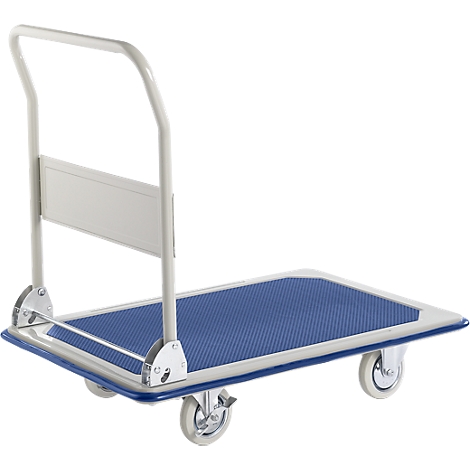 Blue and silver platform cart with handle and four wheels. The loading surface is textured.