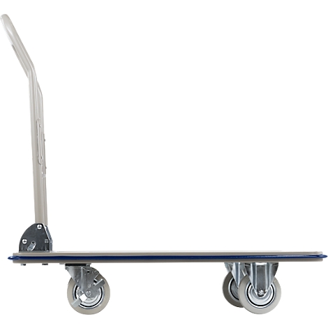 Side view of a gray platform truck with handle and four wheels.