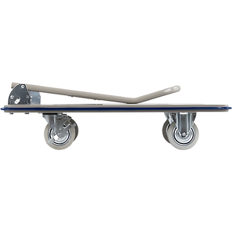 Side view of a gray transport cart with wheels and handle.