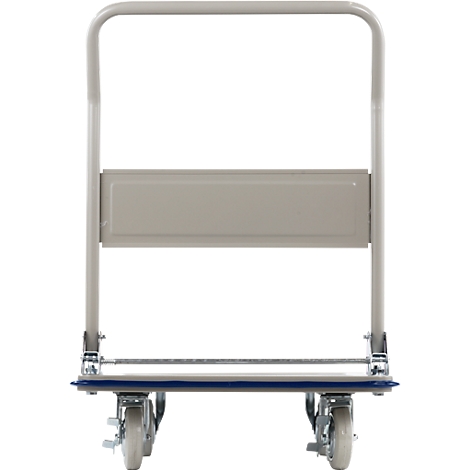 A gray transport cart with four wheels stands against a white background. The cart has a loading area and a handle.