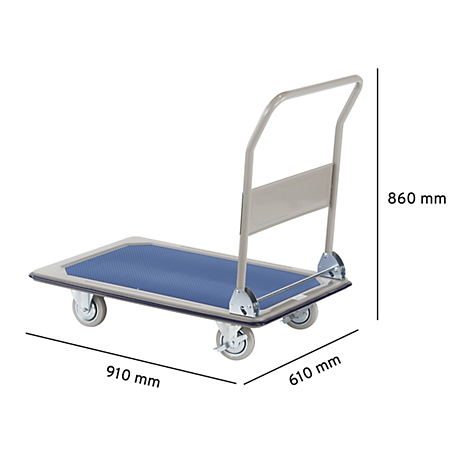 Blue and silver transport cart with dimensions: 910 mm x 610 mm x 860 mm.