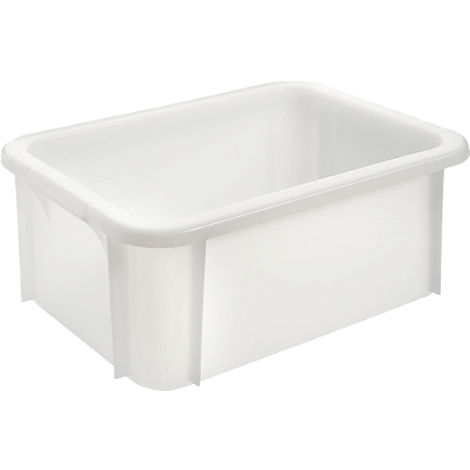 Rechthoekige, witte plastic doos met afgeronde hoeken.