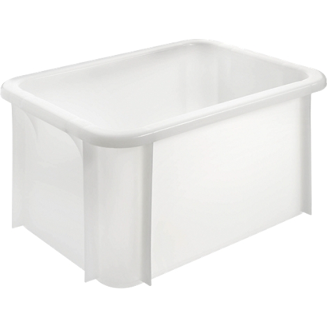 Witte, rechthoekige plastic doos met afgeronde randen.