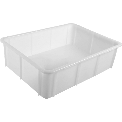 Witte, rechthoekige plastic doos. De doos is leeg, met afgeronde randen en verticale verstevigingen aan de zijkanten.