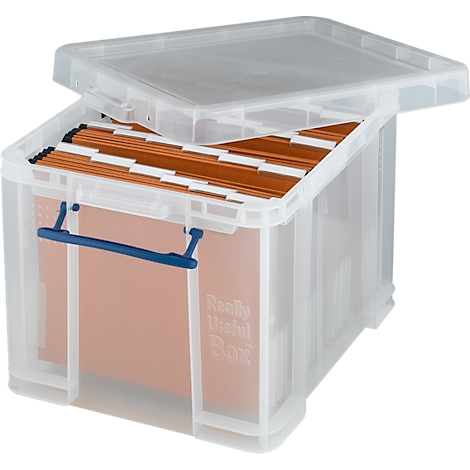 Een doorzichtige opbergdoos met open deksel, gevuld met hangmappen. Blauwe handgrepen aan de zijkant, opdruk "Really Useful Box".