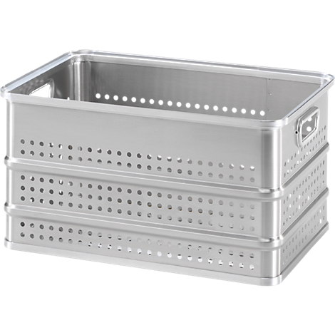 Silberne, rechteckige Aufbewahrungsbox aus Metall mit Lochmuster und Griffen an den Seiten.