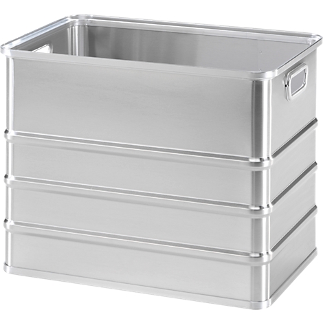 Rechteckige, silberne Aufbewahrungsbox aus Aluminium mit seitlichen Griffen vor neutralem Hintergrund.