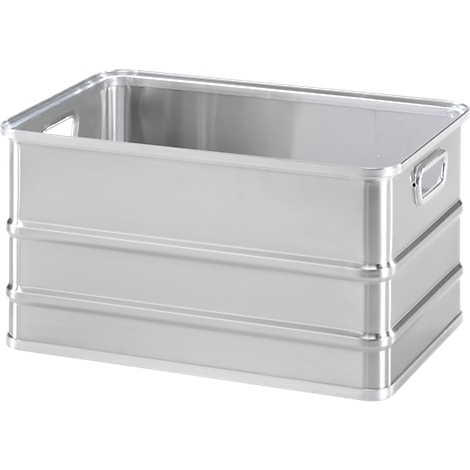 Rechteckige Transportbox aus glänzendem, silbernem Aluminium mit Griffmulden an den Seiten.