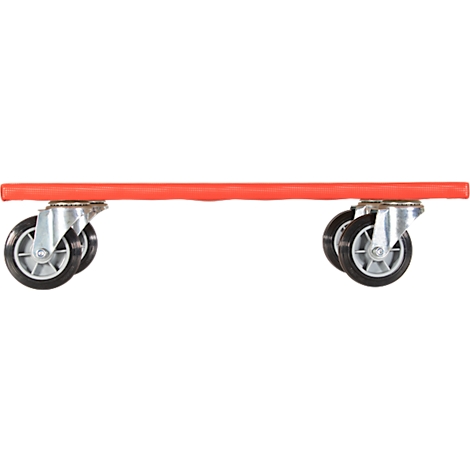 Ein roter Rollwagen mit vier Rädern. Die Räder sind an silbernen Halterungen befestigt.