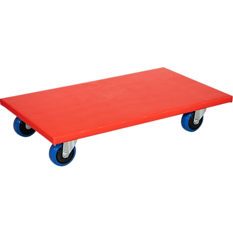 Rote Rollpalette mit vier blauen Rollen. Ein praktisches Transportmittel für den einfachen Umzug.