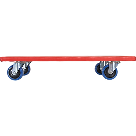Rotes Transportbrett mit vier blauen Rollen.