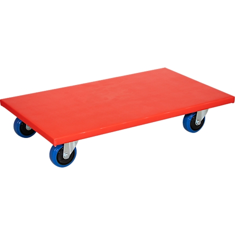 Roter Transportroller auf vier Rollen. Blaue Räder.