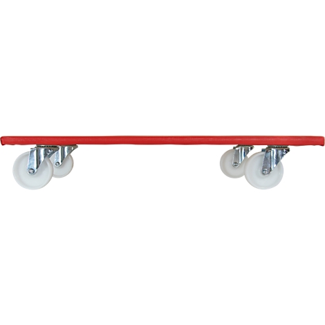 Roter Transportroller mit vier transparenten Rollen auf weißem Hintergrund.