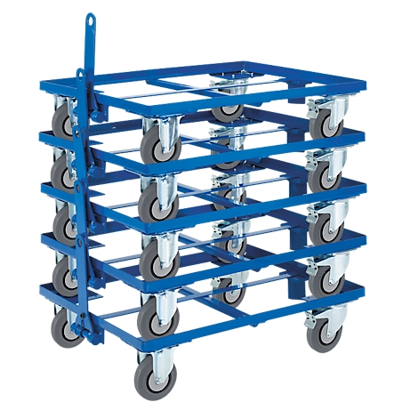 Blauwe, meerlaagse trolley met wielen. Ideaal voor het vervoer van goederen en vracht.