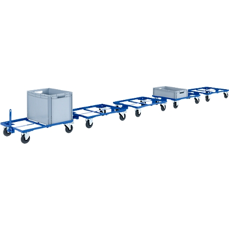 Blauwe transportwagens met grijze plastic boxen op een witte achtergrond.