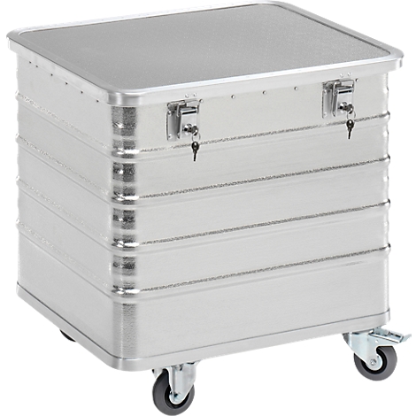 Caja de transporte plateada con tapa y ruedas.