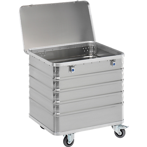 Caja de aluminio abierta con ruedas. Tapa abierta, dos pestillos.