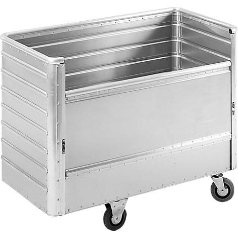 Ein silberner Transportwagen mit Rollen. Der Behälter ist rechteckig mit geriffelten Seiten und Ecken und leicht abgerundeten Kanten.