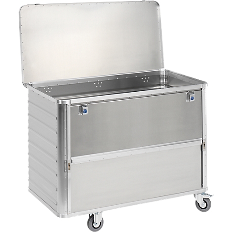 Silberfarbener, rechteckiger Transportwagen mit offenem Deckel. Der Wagen steht auf Rollen.