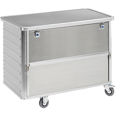 Ein silberfarbener Transportwagen mit Rollen.