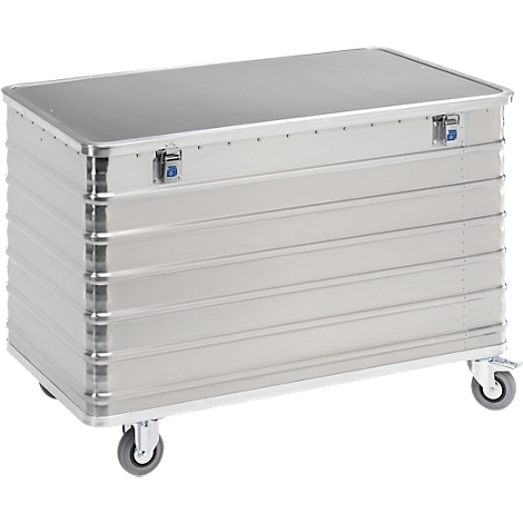 Grijze transportbox met wielen en deksel. Gemaakt van gegolfd metaal, sluitingen en rollen.