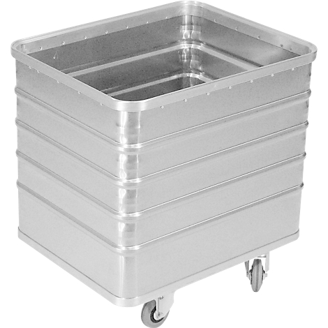 Zilveren, kubusvormige transportbox met wielen.