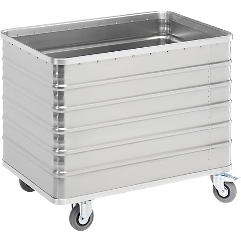 Zilveren metalen container op wielen, rechthoekig.