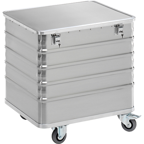 Zilveren transportbox met deksel en wielen. Twee sloten beveiligen het deksel. De behuizing is geribbeld.