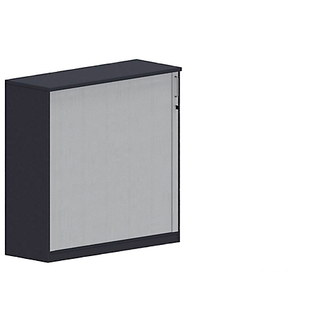 Dark blue cabinet with silver slatted door; standing against a white background.