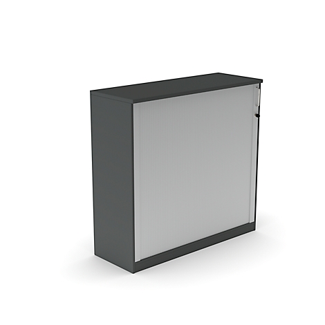 A grey cabinet with roller shutters on a white background.