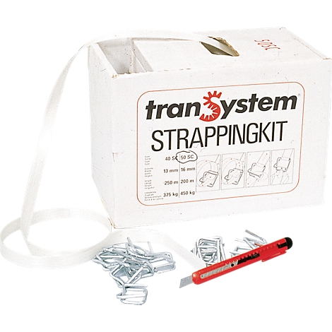 Packaging set with white box and red lettering. Contains strapping, clamps and a red cutter.
