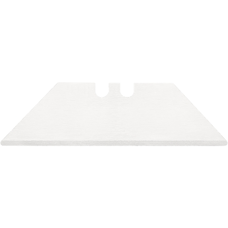 A single, light-colored razor blade with two semi-circular cutouts at the top for attachment to a holder.