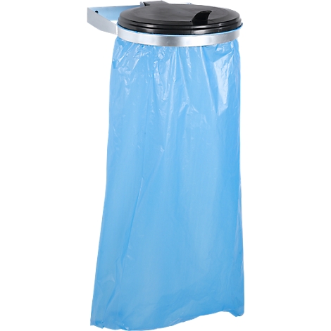Hanging blue trash bag with black lid and metal ring.