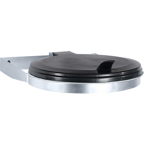 A black trash can lid with silver-colored holder. The product is angled.