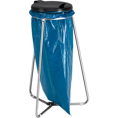 Blue trash bag in metal frame with black lid.