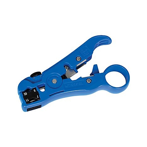 Blauer Kabelabisolierer. Mit DrehrÃ¤dchen, Klinge, und Skala mit Zahlen 59, 6, 7 und 11.