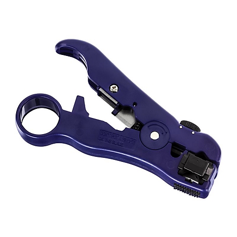 Blaues Werkzeug zum Abisolieren von Kabeln auf weiÃŸem Hintergrund. Es hat eine runde Ã–ffnung, eine Klinge und eine schwarze Einstellschraube.