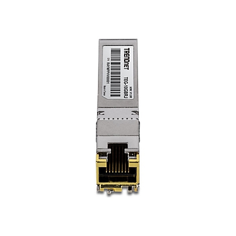 Silbernes Trendnet TEG-10GBRJ SFP+ Transceiver-Modul mit RJ45-Anschluss vor weißem Hintergrund.