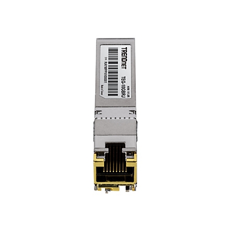 Silberner TRENDnet 10G-RJ45-SFP+-Transceiver-Modul mit RJ45-Anschluss vor weißem Hintergrund.
