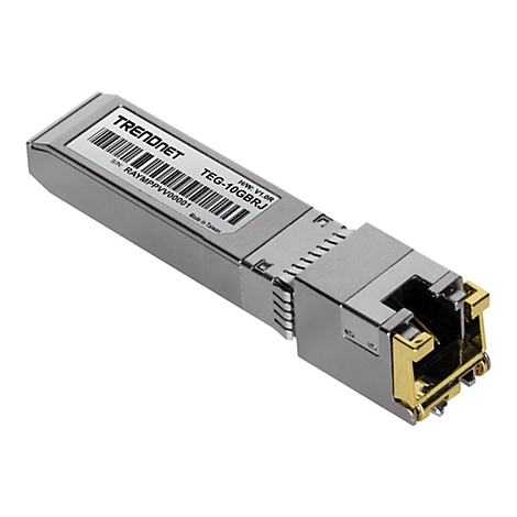 TRENDnet SFP+ Kupfer-Transceiver-Modul mit RJ45-Anschluss vor weißem Hintergrund.