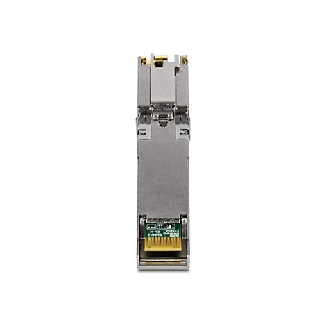 Silbernes SFP-Modul mit goldener Kontaktleiste auf weißem Hintergrund.