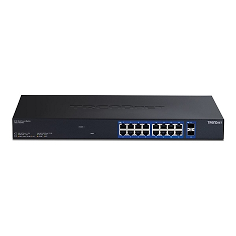Ein schwarzer Trendnet-Switch mit 18 Ports. Darauf sind Anschlüsse und die Aufschrift „TRENDNET“ zu sehen.