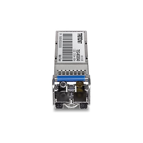 Silbernes SFP-Modul von TRENDnet mit blauem Entriegelungshebel und zwei Glasfaseranschlüssen.