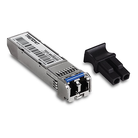 Ein silberner Glasfaser-Transceiver von Trendnet mit Strichcode und abgenommener schwarzer Schutzkappe.
