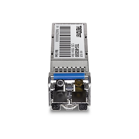 Trendnet SFP-Modul TEG-MGBS80 mit metallischem Gehäuse und blauem Hebel auf weißem Hintergrund.