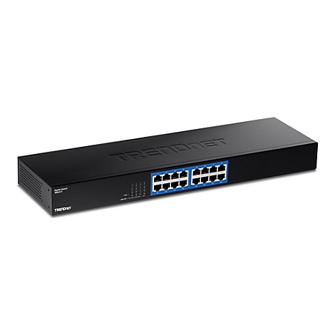 Schwarzer TRENDnet Gigabit-Switch TEG-S17 mit 16 Ports vor weißem Hintergrund.