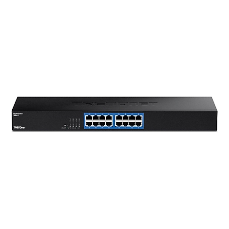 Schwarzer 16-Port Gigabit Switch von TRENDnet vor weißem Hintergrund.